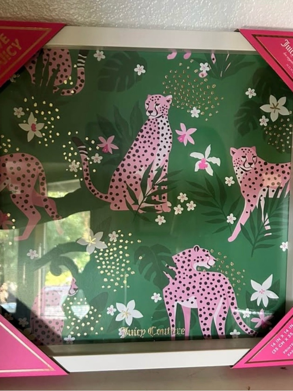 Juicy Couture Pink Leopard Print Scarf on Green with Gold Accents